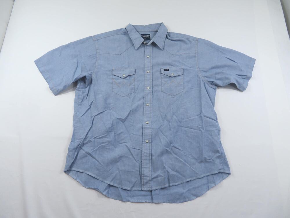 Wrangler Western Shirt, Chambray Pearl Snap, Blue XLong Tails Sz 19 2XL 1990s